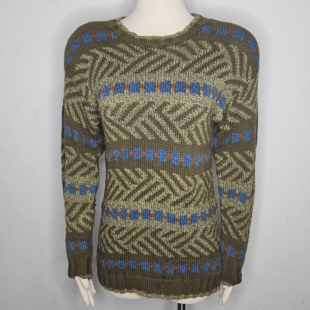 Vintage Lizwear Petites Cotton Knit Sweater Olive Geometric‎ Crew Pullover Sz SP